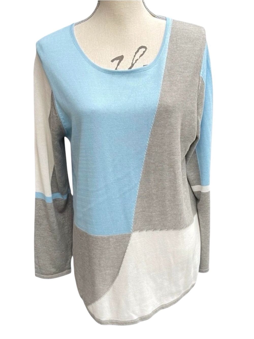 BYLYSE Spenard Blue/Grey/Cream Geo Pattern Cotton/Modal Scoop Neck Sweater (L)